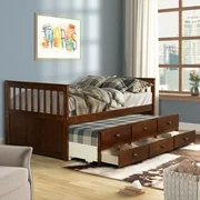 Twin Wood Captain's Bed, SEGMART Modern Style Storage Daybed with Trundle Bed and 3 Storage Drawers, Sturdy Durable Solid Wood Captain's Bed for Kid's Room, Teens, Easy Assembly, 300lbs, Walnut, S326