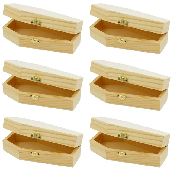 Pack of 6 - Small Unfinished Wood Funeral Coffins, 6 x 3 x 1.75 Inch Size, Fillable for Halloween Parties, Goth, Decoration, Small Pet Burials