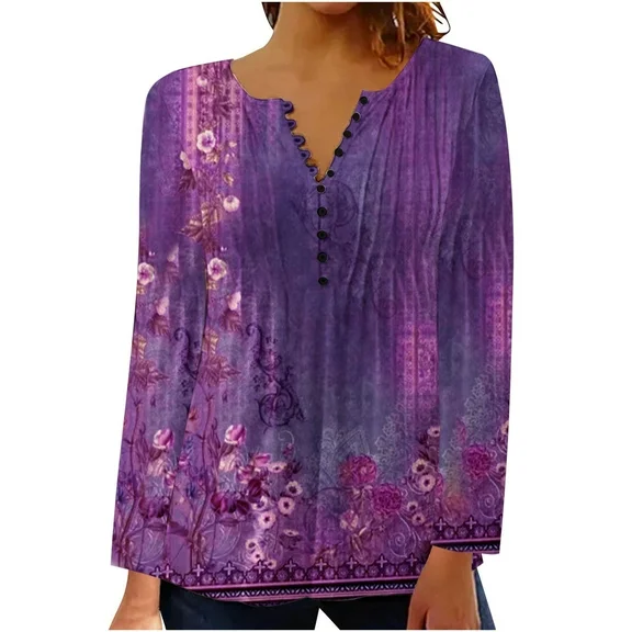JGGSPWM Womens Soft Floral Blouse Button Up V Neck Long Sleeve Shirts Spring Fall Fashionable Tunic Pullover Purple XL