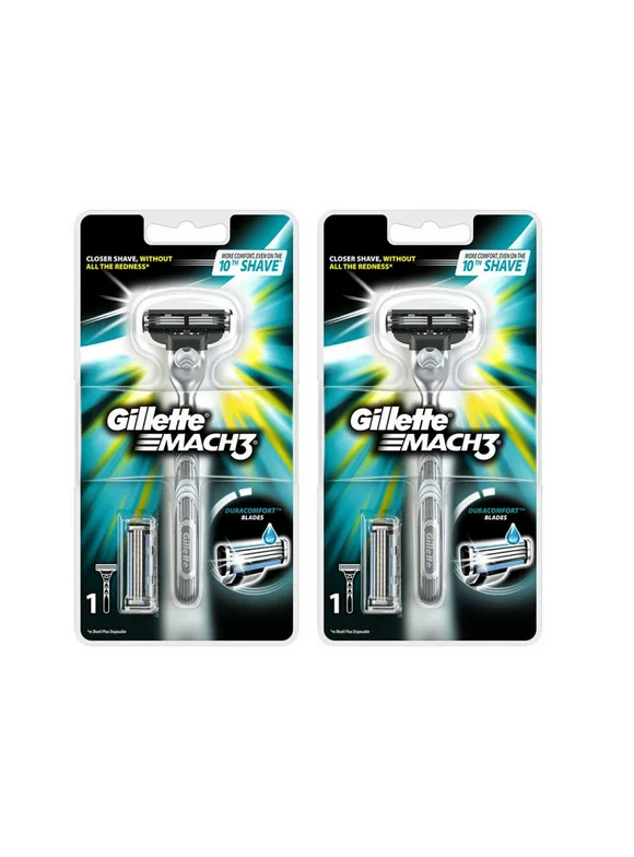 Gillette Pack Of 2 Mach3 Razor Handle with 1 Cartridge, Fits Mach3 and Turbo Blades - (2 Razor Pack)