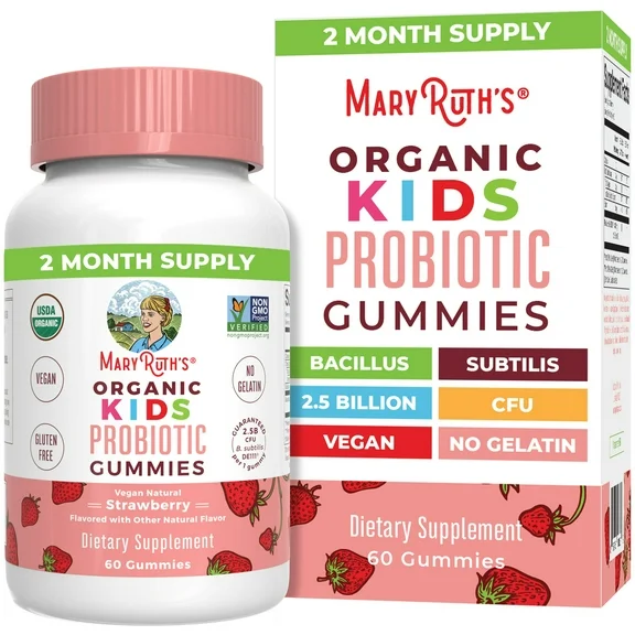 MaryRuth's | USDA Organic Kids Probiotic Gummies | 2.5 Billion CFU | Strawberry Flavor | Vegan, Non-GMO | 60 Count | Unisex