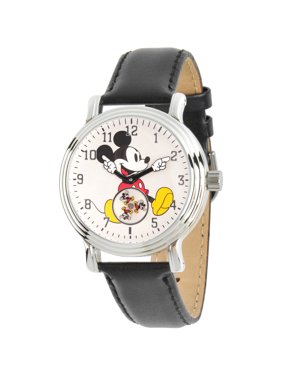 Articulating Classic Mickey Mouse Women's Silver Vintage Alloy Watch, Black Leather Strap
