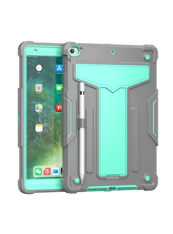 Dteck Case for Apple iPad 9th Generation 10.2-inch (2021),Shockproof Rubber Armor 3-Layer Protection Case Hybrid Hard Kicstand Cover for iPad 10.2" 9th/8th/7th Gen,Gray+Mint