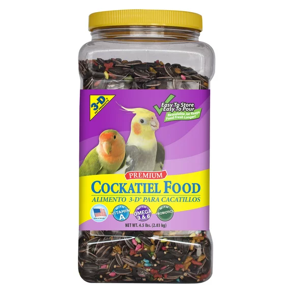 3-D Pet Products Premium Cockatiel Bird Food Seeds, with Probiotics, 4.5 lb. Stay Fresh Jar
