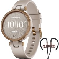 Garmin 010-02384-01 Lily Sport Edition, Rose Gold Bezel with Light Sand Case & Silicone Band Bundle with Deco Gear Magnetic Wireless Sport Earbuds