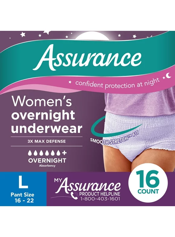 Assurance Women's Incontinence & Postpartum Underwear, Large, Overnight (16 Count)