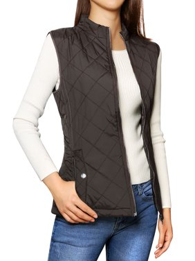 allegra k women's zip up stand collar slant pockets quilted padded vest brown (size s / 4)