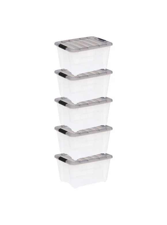 IRIS USA, 32 Quart Stack & Pull™ Clear Plastic Storage Box with Buckles, Gray, Set of 5