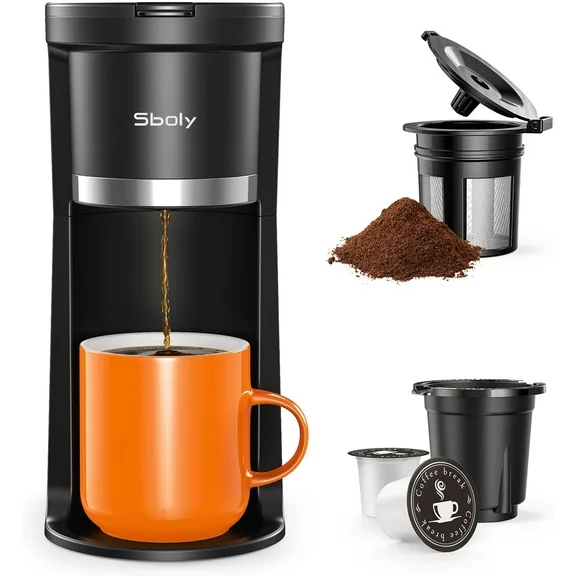 MINI Sboly Single Serve Coffee Maker, Instant Coffee Maker One Cup for K Cup & Ground Coffee, 6 to 12 Oz Brew Sizes, Capsule Coffee Machine with Water Window and Descaling Reminder, Black