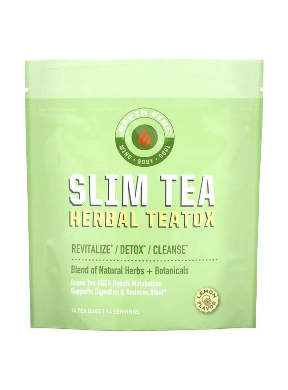 RAPIDFIRE, SlimTea, 14 Day Herbal Teatox, Matcha Tea, Real Lemon Flavor, 14 Tea Bags