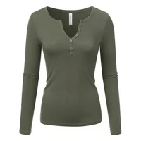 Doublju Women's Long Sleeve Basic Henley Deep V-Neck Button Placket T-Shirt