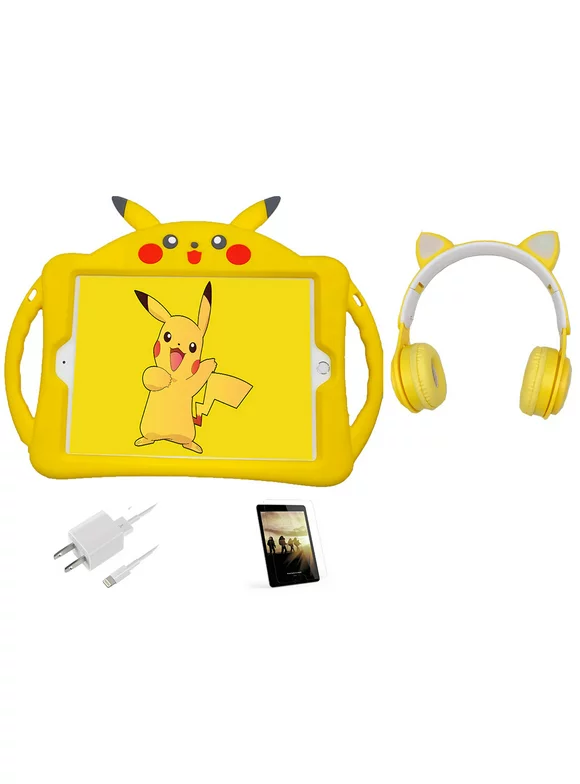 Open Box | Apple iPad Air | 9.7-inch Retina | 16GB | Newest OS | Wi-Fi Only | Bundle: Pikachu Case | Yellow Cat Wireless Headset | Pre-Installed Tempered Glass | Rapid Charger