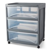 Mainstays Rolling Three-Drawer Storage Organizer Cart, Gray/Clear