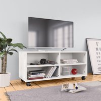 Veryke TV Stand with Lockable Wheels and Open Shelves, Storage Organizer for DVDs, Book, Consoles, Remotes - White