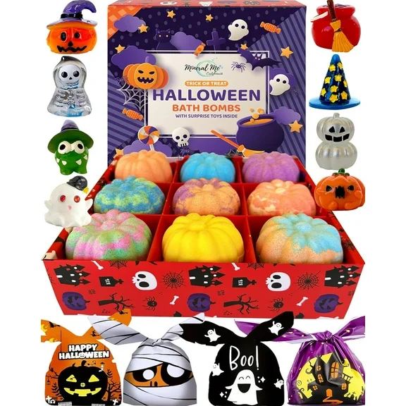 Mineral Me Halloween Bath Bombs for Kids - Bath Fizzies with Surprise Halloween gifts and treat bags
