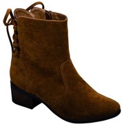 Breckelles Women Houston-14 Faux Suede Back Lace Up Chunky Heel Tan Boot (TAN, 6)