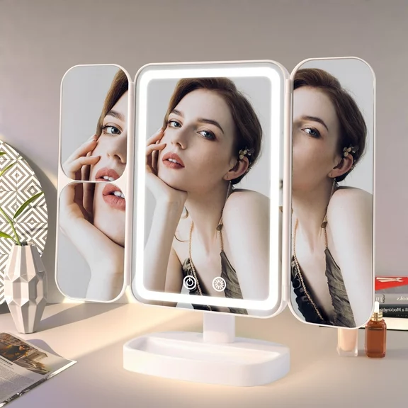 COOLJEEN Tri-fold Travel Vanity Makeup Mirror with 80 LED Lights and 3x/2x/1x Magnification Cosmetic Mirror White