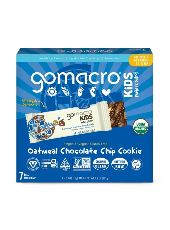 GoMacro Kids MacroBar, Oatmeal Chocolate Chip Cookie, Organic Vegan Snack Bars, 7 Ct