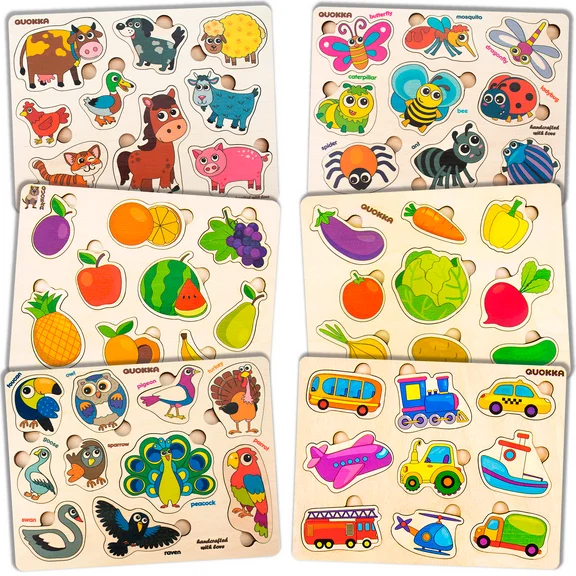 QUOKKA 6 Wooden Puzzles for Toddlers 1 2 3 4 y.o. - Educational Toys with Fruits Vegetables Animals