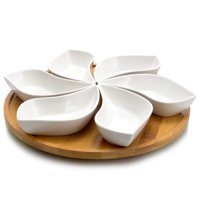 Elama Signature Modern 13.5 inch 7Piece Lazy Susan Appetizer and Condiment Server Set with 6 Unique Design Serving Dishes and a Bamboo Lazy Suzan Serving Tray