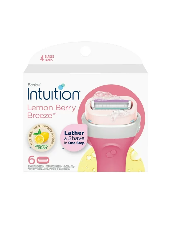 Schick Intuition Lemon Berry Breeze 4-Blade Razor Refill, 6ct, Lather & Shave In One Step