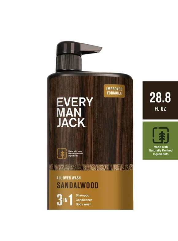 Every Man Jack Hydrating Men's 3-in-1 Body Wash and Shampoo & Conditioner, Sandalwood, 28.8 fl oz
