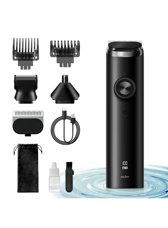 Sejoy Men's Beard Trimmer,Hair Clippers, Waterproof Electric Nose Haircut Mustache Body Trimmer Cordless Foil Shaver Grooming Kit,USB Rechargeable and LED Display Home Travel,Black