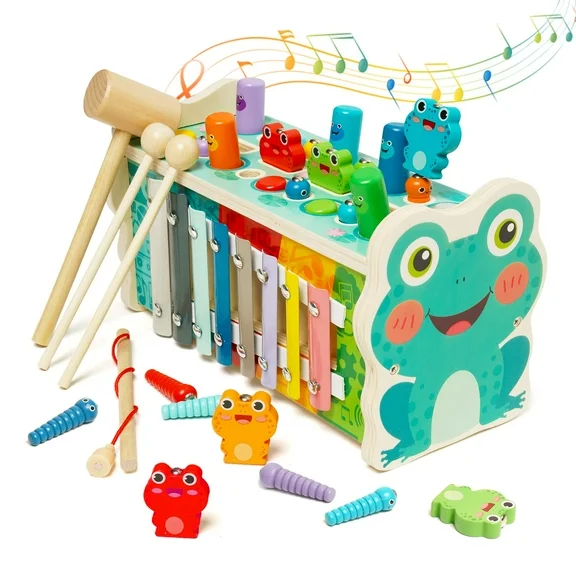 6-in-1 Hammering Pounding with Xylophone & Fishing Game, Preschool Learning Educational Toys Wooden Montessori Toys for 1 2 3 Years Old
