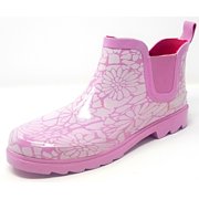 Women Rubber Rain Boots - 5" Ankle Waterproof Garden Boots, Pink with White Flower