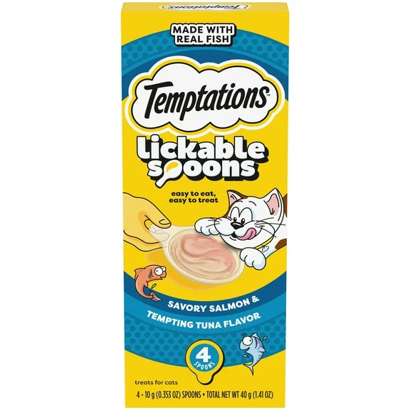Temptations Lickable Spoons Wet Cat Treat, Savory Salmon & Tempting Tuna, 10 Grams, Pack of 4