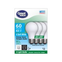 Great Value Halogen 43-Watt (60W Equivalent) Soft White Color Light Bulbs, 1.8-Year Life, E26 Medium Base, 4pk