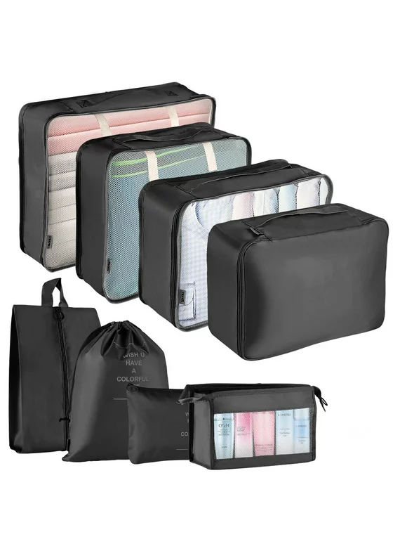 Koovon Packing Cubes for Travel, 8Pcs Travel Cubes Set Foldable Suitcase Organizer Lightweight Luggage Storage Bag, Black