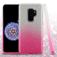ASMYNA Gradient Glitter Dual Layer [Shock Absorbing] Hybrid Hard Plastic/Soft TPU Rubber Case Cover For Samsung Galaxy S9 Plus S9+, Pink