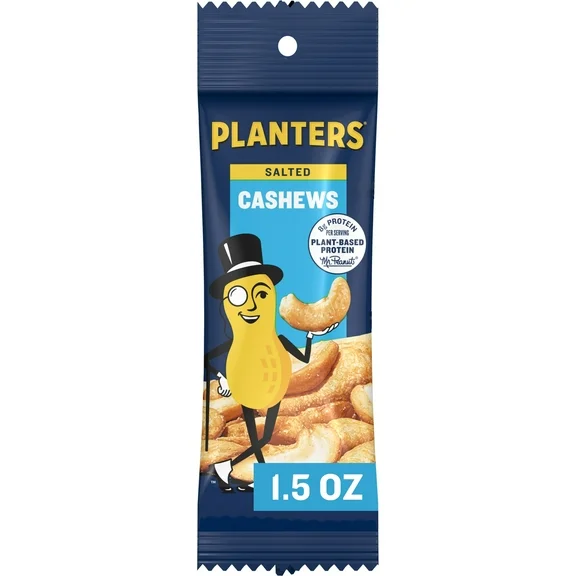 PLANTERS Cashews Salted Tube, Plant-based Protein Snack, 1.5 oz Bag (Pack of 18)