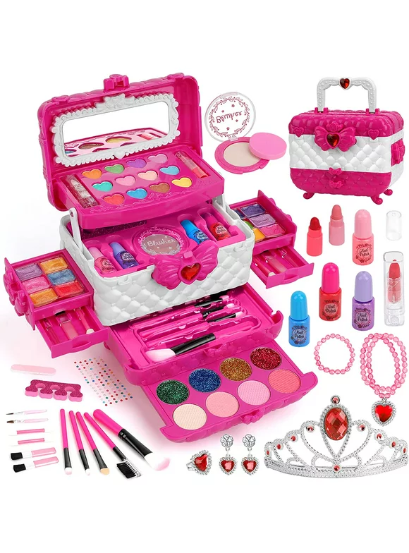 Kids Makeup Kit for Girl Toys, 60PCS in 1 Toys for Girls Real Washable Makeup Girls Princess Gift Play Make Up Toys Makeup Vanities for Girls Age 4 5 6 7 8 9 Birthday