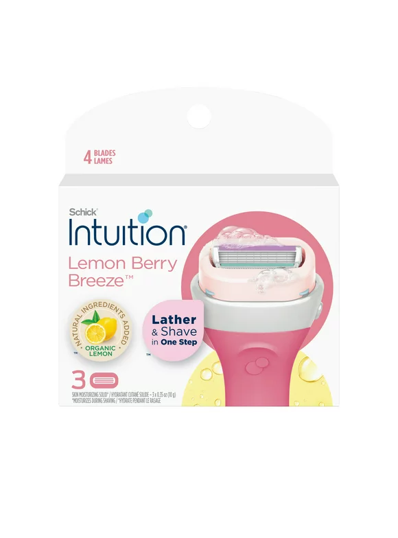 Schick Intuition 4-Blade Lemon Berry Breeze Razor Cartridge Refills, 3ct, Lather & Shave In One Step, With Organic Lemon