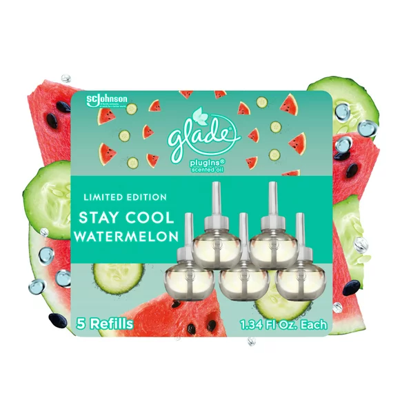 Glade PlugIns Scented Oil Refill, Stay Cool Watermelon Scent, Infused with Essential Oils, Spring Limited Edition Fragrance, Positive Vibes Collection, 0.67 oz, 5 Count
