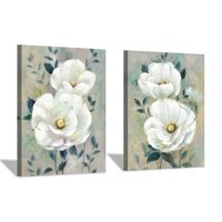 LIVEDITOR Abstract Flower Wall Art Blooming White Floral Giclee Print Canvas for Bedroom (18'' x 24'' x 2 Panels)