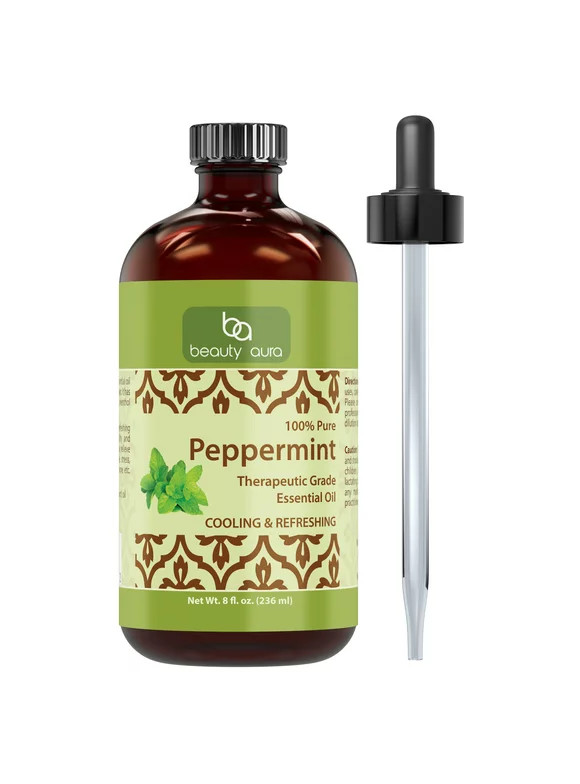 Beauty Aura 100% Pure Peppermint Essential Oil  8 fl oz - Premium Therapeutic Grade Essential Oil for Aromatherapy - Natural Solution for Repelling Mice, Spiders & Pests