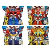 playskool heroes 4" g1 transformers rescue bots grab-pack limited edition action figures - bumblebee, chase police-bot, heatwave fire-bot, and optimus prime - set of 4