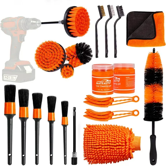 Mateauto Car Detailing Brush Set,20PCS Drill Brush Set,Car Interior Detailing Kit & Car Wash Kit with Boar Hair Detail Brush and Cleaning Gel for Wheel,Dashboard,Air Vent,Leather and Exterior