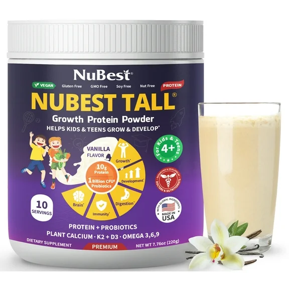 NuBest Tall Growth Protein Powder - Nutritional Shake For Kids & Teens - Plant-based Protein, Probiotics, L-Arginine, Omega-3, K2 D3, 20  Vitamins & Minerals - 10 Vegan Servings - Vanilla Flavor