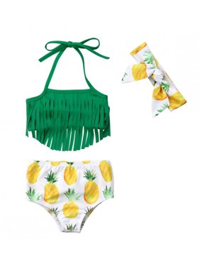 Styles I Love Infant Baby Girls Pineapple Fringe Bikini Swimsuit with Headband Bathing Suit Beach Pool Water Game Swimwear 3pcs Set (90/12-18 Months)