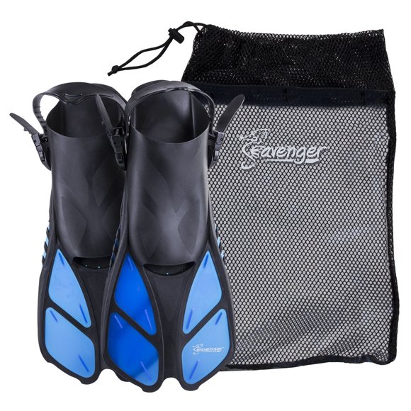 Snorkeling Swim Fins with Bag (Blue, S/M (Size 4.5 to 8.5)), Open-heel snorkel trek fins made from lightweight, durable materials By Seavenger