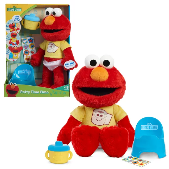 Sesame Street Potty Time Elmo 12-Inch Sustainable Plush Stuffed Animal, Sounds and Phrases, Potty Training Tool, Kids Toys for Ages 18 month