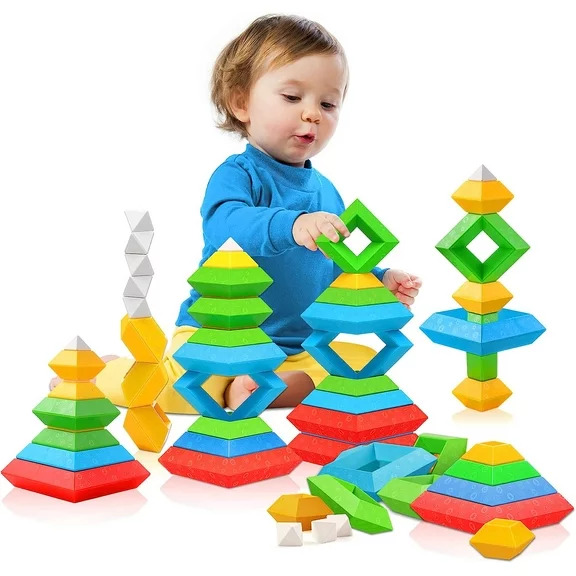Toddler Stacking Building Blocks Educational Toys, Montessori Activities Learning Toys for 1 2 3  Year Old, Sensory Toys Gifts for Toddler 1-3Y Boys & Girls, 30 Piece Set