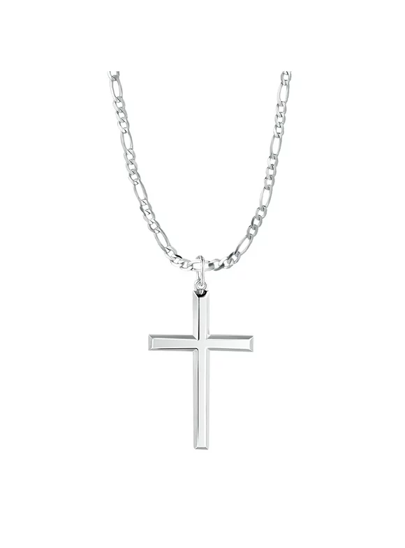 FANCIME Gold Plated 925 Sterling Silver Simple Large Gothic Polished Cross Pendant Necklace With 4MM Heavy Duty Figaro Solid Curb Chain Valentines Day Gifts for Him Men Boys Dad, 24-INCH 60CM Length