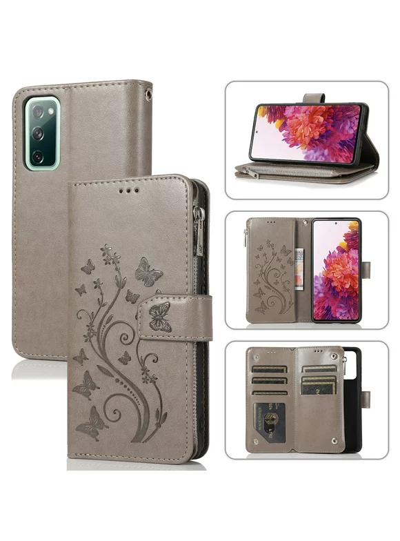 Dteck Samsung Galaxy S20 FE (Fan Edition) Case, Folio Case Embossed PU Leather Zipper Pocket Credit Card Holder Wallet Phone Case with Wrist Strap for Samsung Galaxy S20 FE 5G / 4G, Gray