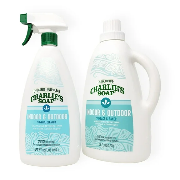 Charlie's Soap, Indoor & Outdoor Surface Cleaner Refill Kit Biodegradable Natural Outdoor Cleaning Spray, 75 Fl Oz Refill and 32 Fl Oz Sprayer - 2 Pack
