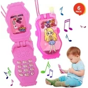 Gold Toy Pretend Play Flip Cell Phones for Kids, Toddlers - 6 Pack, Cellphone Toy with Songs, Ringtones, Funny Messages and LEDs, Birthday Party Favors and Gifts for Girls - Pink and White